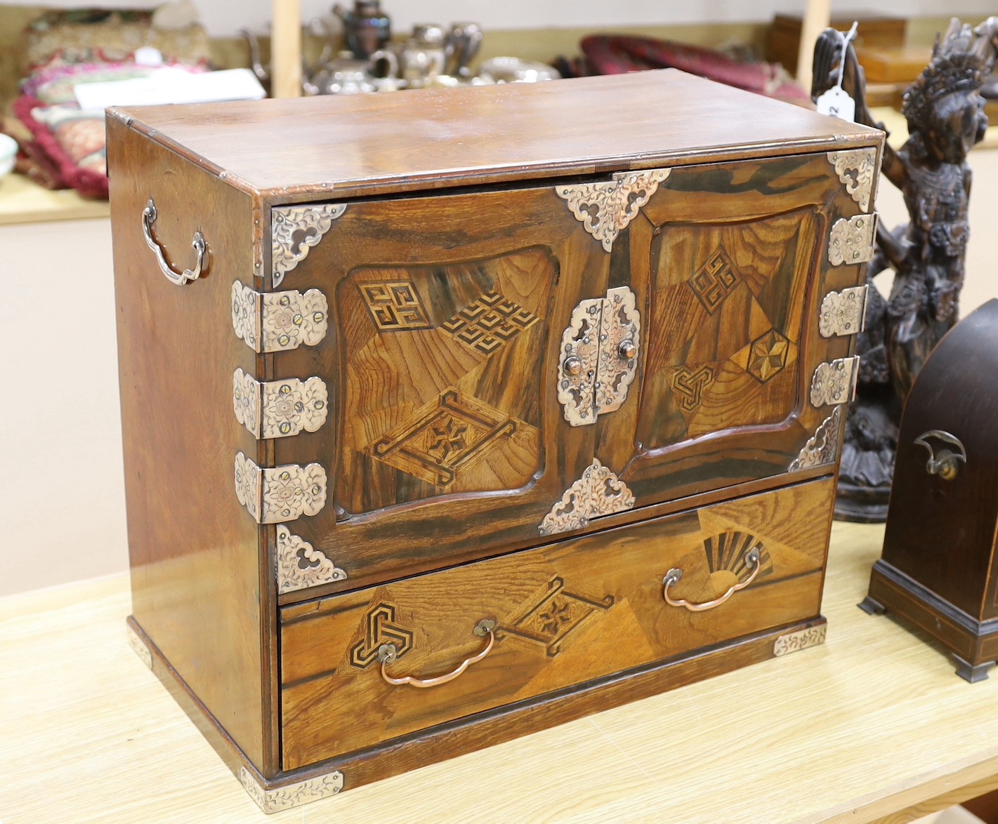 A 19th century Japanese Hakone parquetry table top chest, 55 cms wide x 46.5 cms high.